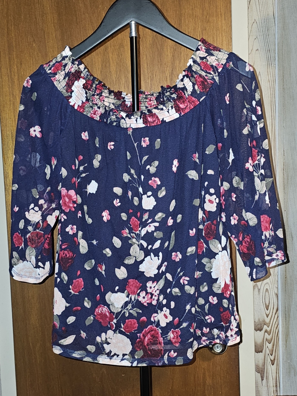 INC International Concepts Navy Floral Off-Shoulder Top